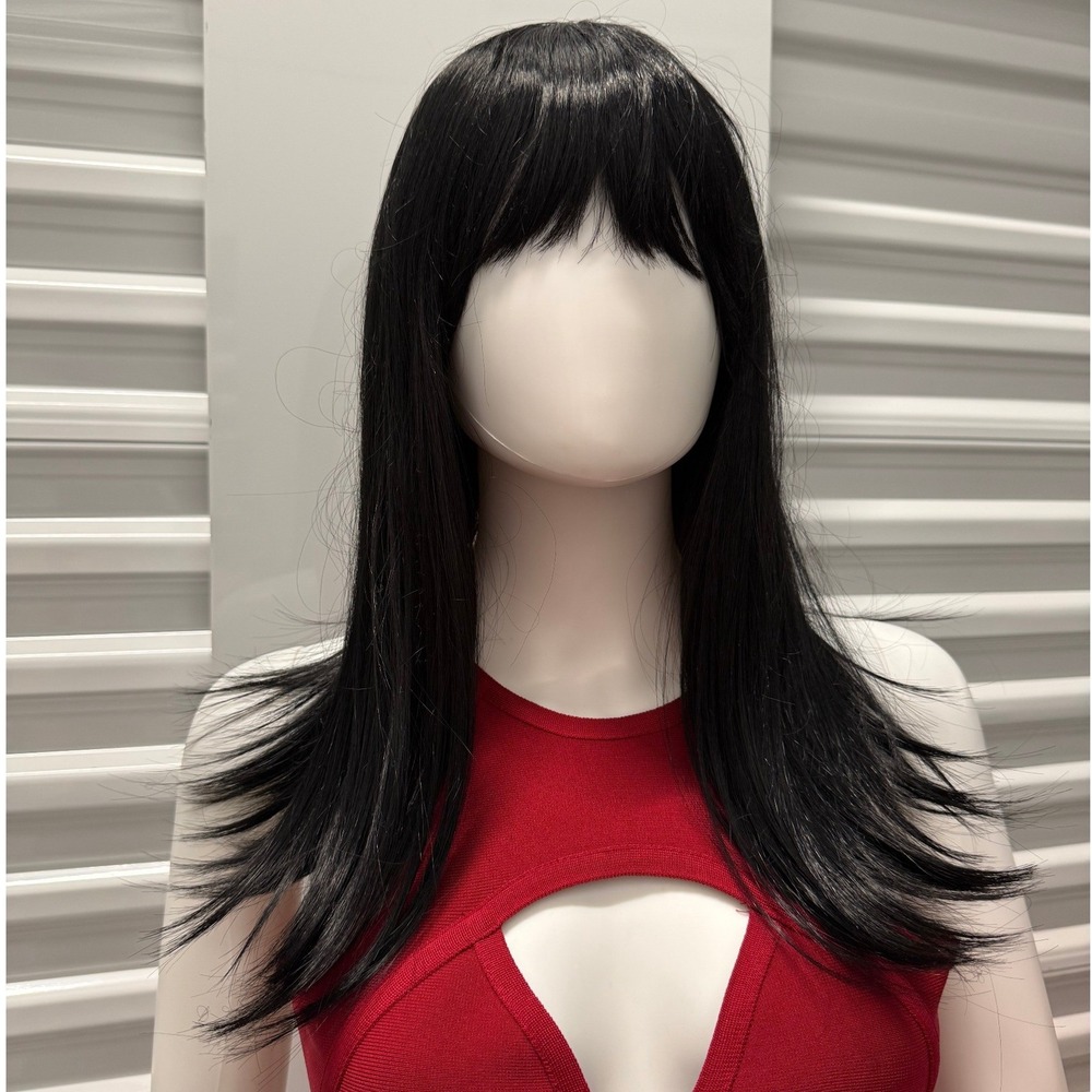 SIS Black Long Straight Wig Women OS Heat Resistant Fiber Bangs Layered Sleek